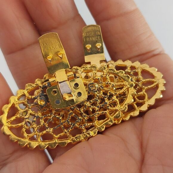 Vintage France Bluette Ornate Filigree Gold Tone Oval Shoe Clips - Picture 5 of 5